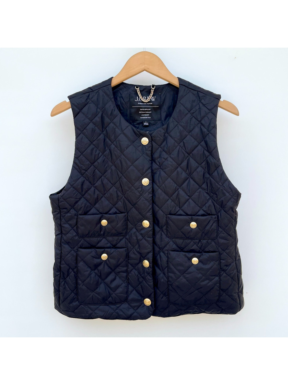 JCrew Black Puffer Lady Vest Sz Small Old Money Quiet Luxury Equestrian Quilted